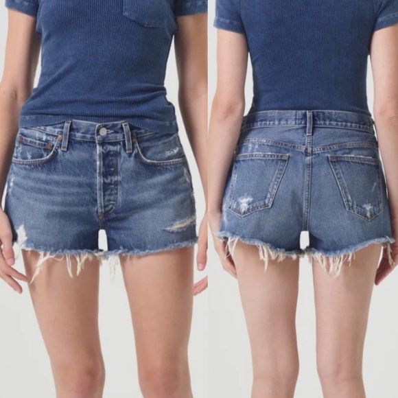 AGOLDE Parker Distressed Raw Hem Rigid Denim Shorts in Dark Swampmeet